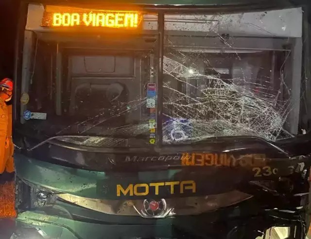 Ônibus envolvido no acidente ficou com o vidro trincado. (Foto: Divulgação)
