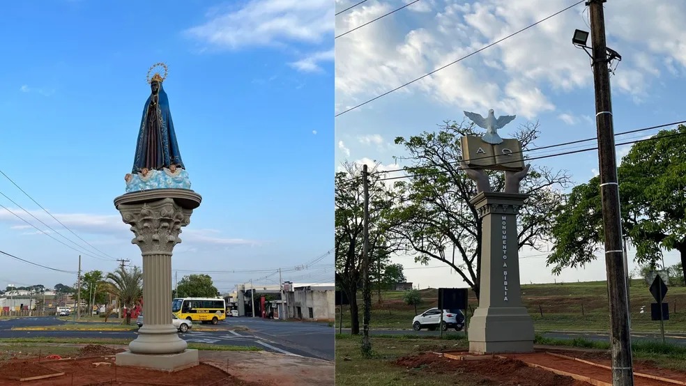 Esculturas têm como objetivo homenagear católicos e evangélicos em Bastos. Foto: Prefeitura de Bastos/Divulgação