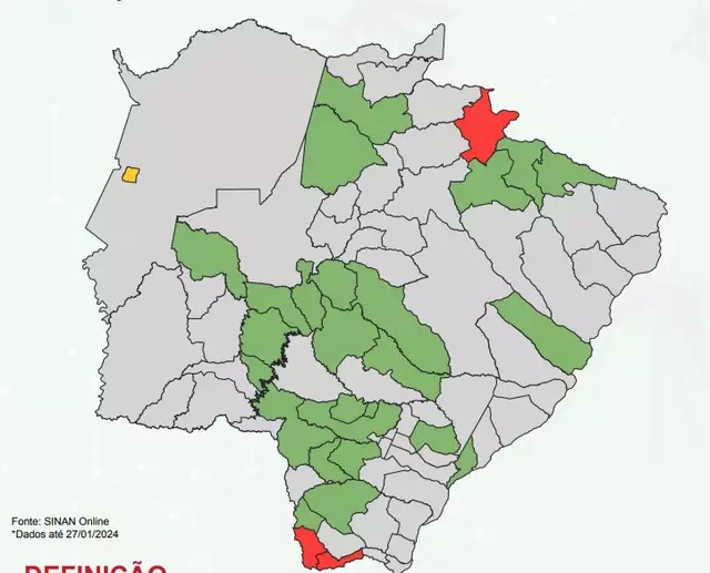 Mapa de MS com municipios com maior índice de possiveis casos da doença. Foto: Reprodução