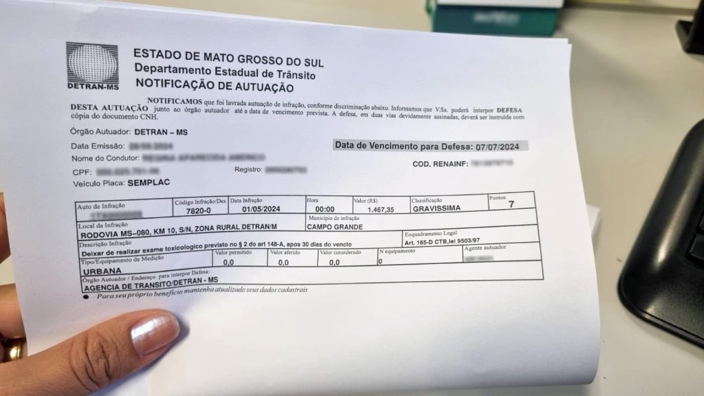 Modelo de notificação que condutor receberá no seu endereço/Comunicação Detran-MS