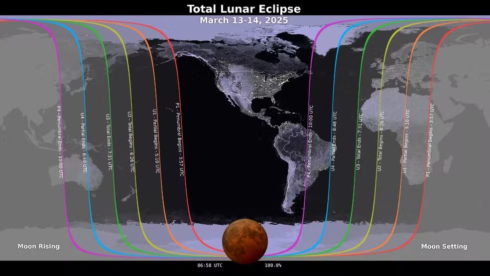 Mapa da Nasa mostra as regiões onde o eclipse lunar de 13 para 14 de março de 2025 será visível. Foto: Nasa