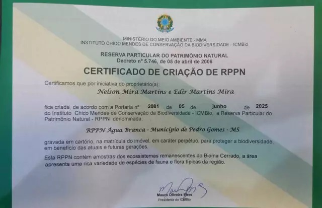 Certificado de transformação da área em RPPN. Foto: Divulgação/Ecoa