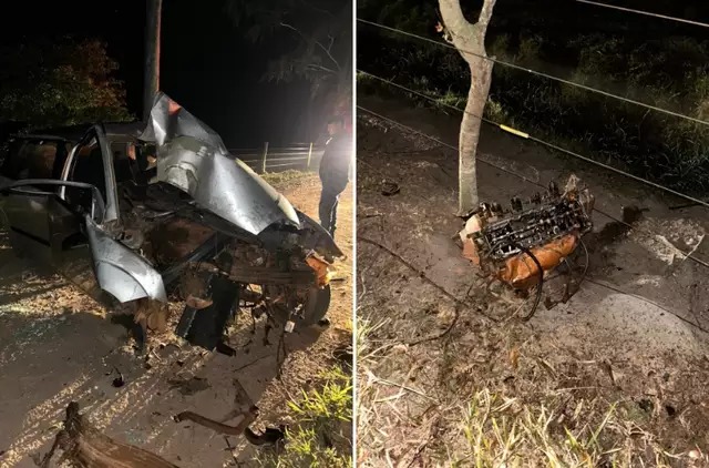Dianteira do carro destruída e motor arrancado com impacto. Fotos: Jornal da Nova