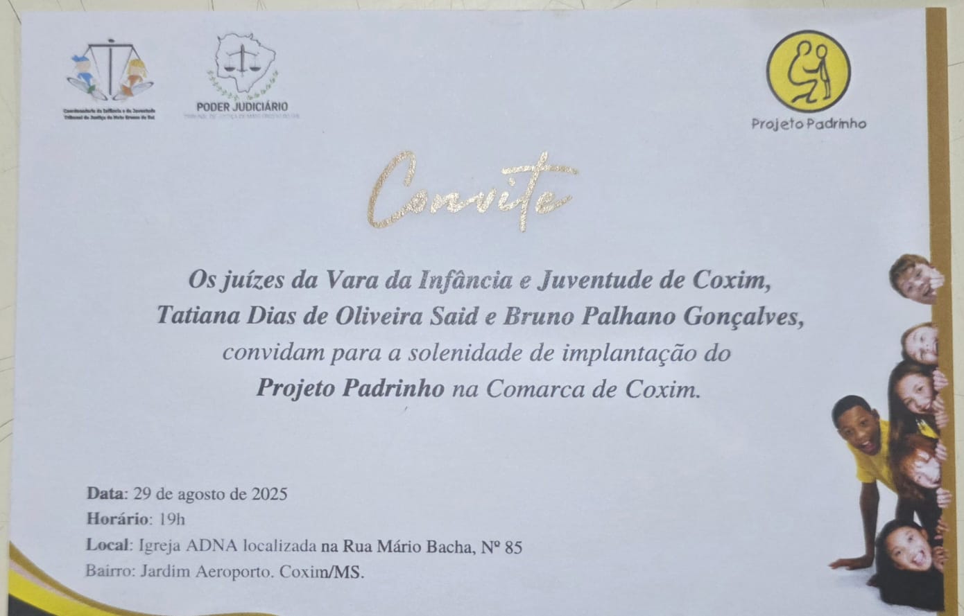 Convite para a solenidade de lançamento do Projeto Padrinho em Coxim. Foto: Reprodução 