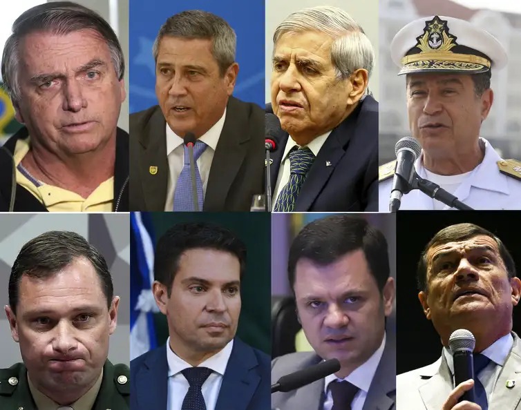 A Primeira Turma do Supremo Tribunal Federal (STF) formou nesta quinta-feira (11) maioria de votos para condenar o ex-presidente Jair Bolsonaro e mais sete aliados na ação penal da trama golpista. Da esquerda para direita: ex-presidente Jair Bolsonaro; general Braga Netto; general Augusto Heleno; almirante Almir Garnier; tenente-coronel Mauro Cid; deputado federal Alexandre Ramagem; ex-ministro da Justiça Anderson Torres e ex-ministro da Defesa Paulo Sérgio Nogueira. Fotos: Agência Brasil