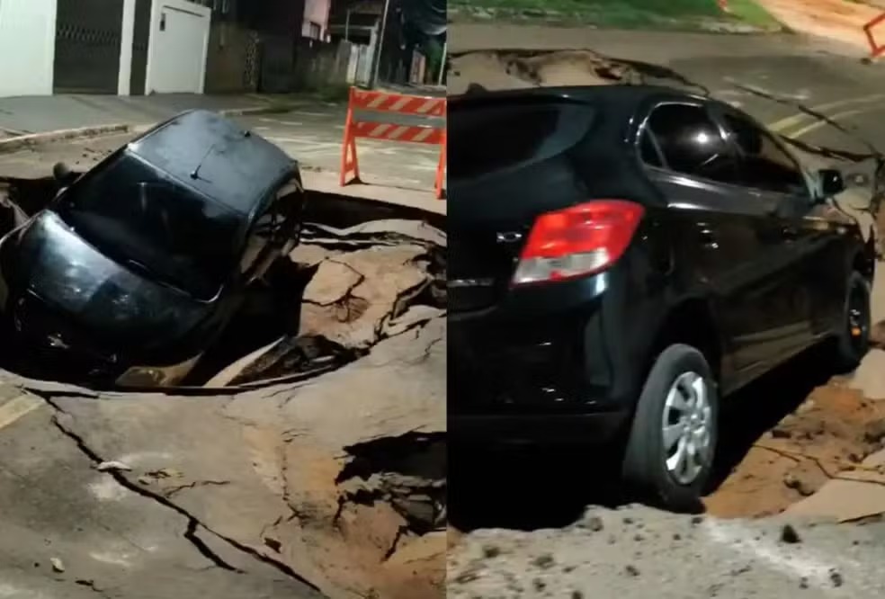Chuvas intensas abrem cratera e carro cai em rua de Coxim. Foto: Reprodução vídeo