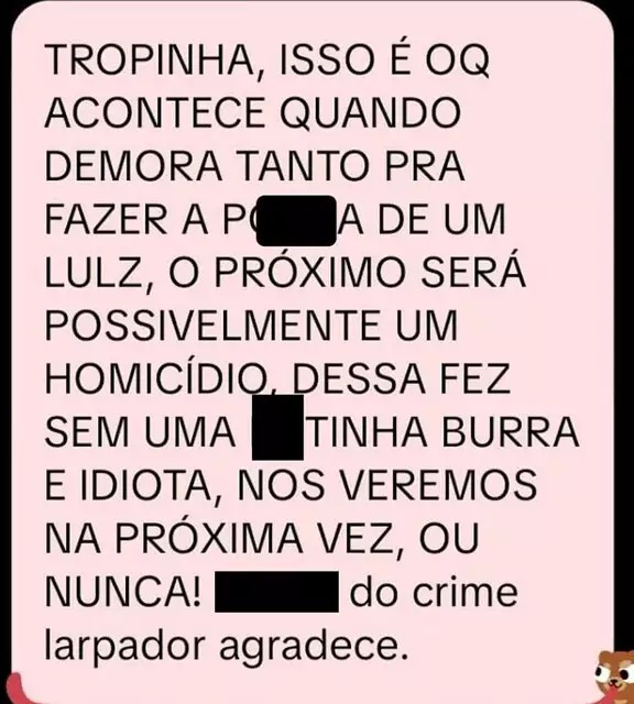 Publicação atribuída ao grupo trata a morte como uma conquista e menciona a possibilidade de um novo crime. Foto: Direto das Ruas