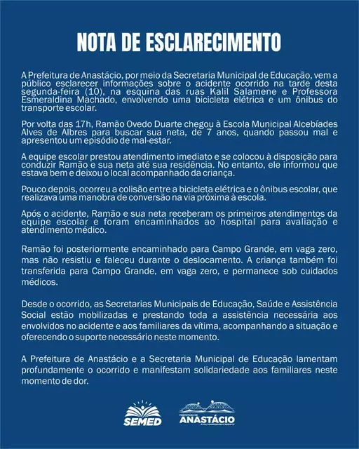 A Prefeitura de Anastácio, por meio da Secretaria Municipal de Educação, divulgou nota de esclarecimento sobre o acidente envolvendo uma bicicleta elétrica e um ônibus do transporte escolar. Foto: Divulgação