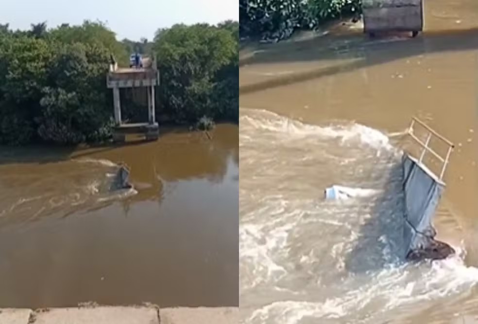 Ponte e caminhão caíram no Rio Taquari em Coxim. Foto: Produção vídeo rede social 