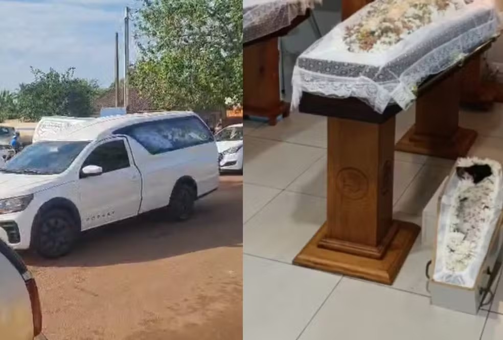Fila de carros acompanha cortejo de pai, filhas e cachorrinha mortos em MS. Foto: Reprodução