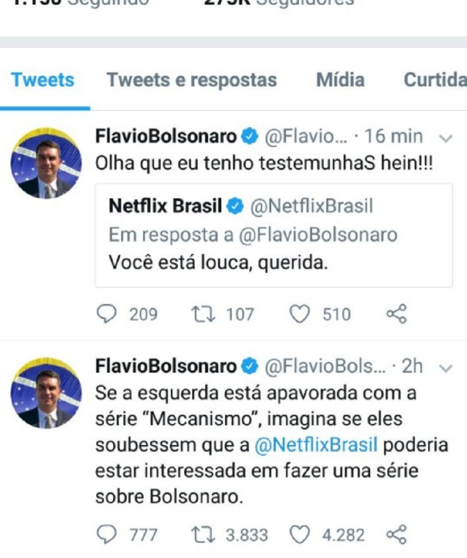 Você está louca, querida, dispara Netflix para Flávio Bolsonaro