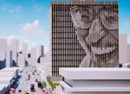 Projeto da prefeitura prevê figura de Manoel de Barros na fachada em concreto aparente do Hotel Campo Grande Foto: Reprodução maquete eletrônica
