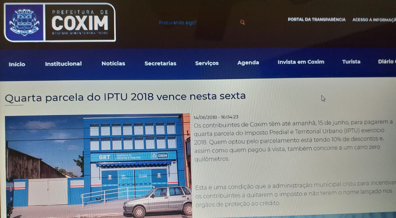 Cupom de sorteio e divulgação da premiação do IPTU de 2018 e 2019.